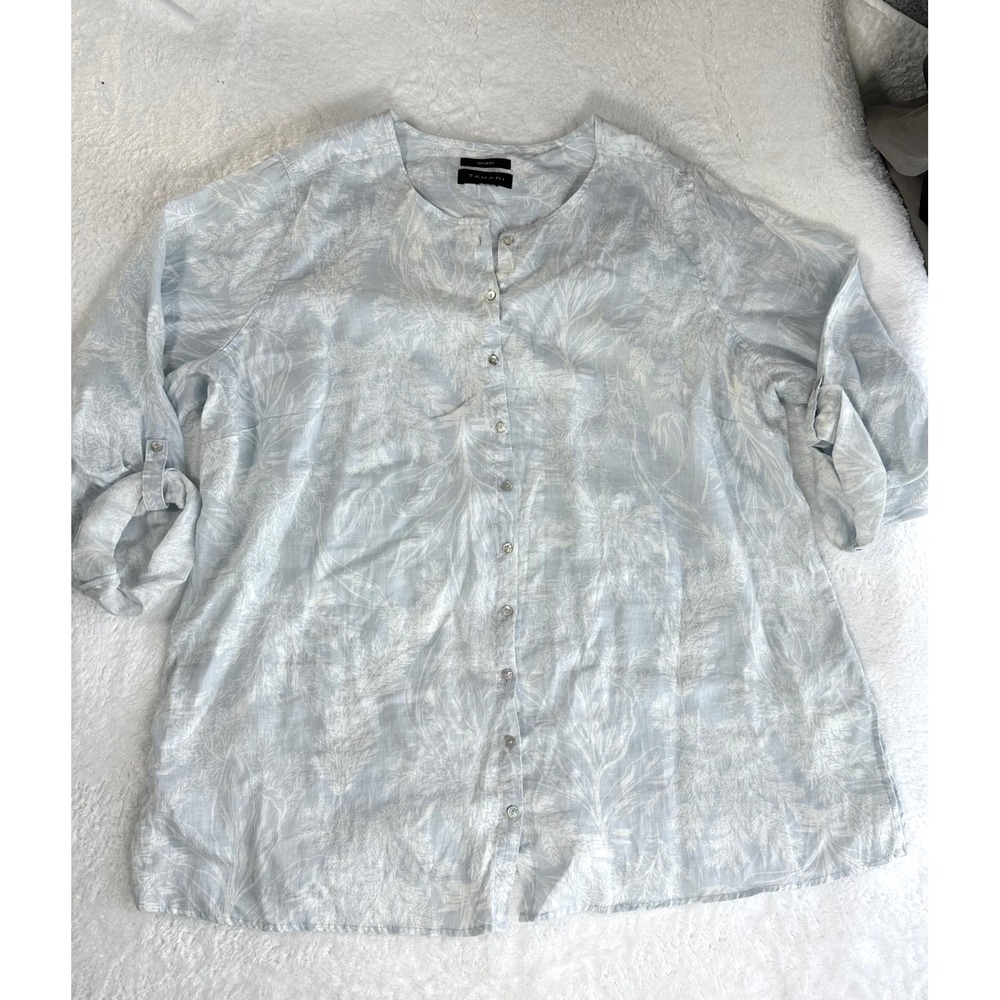 Tahari fern linen blouse Womens 1x light blue‎ tropical 3/4 sleeve roll tab
